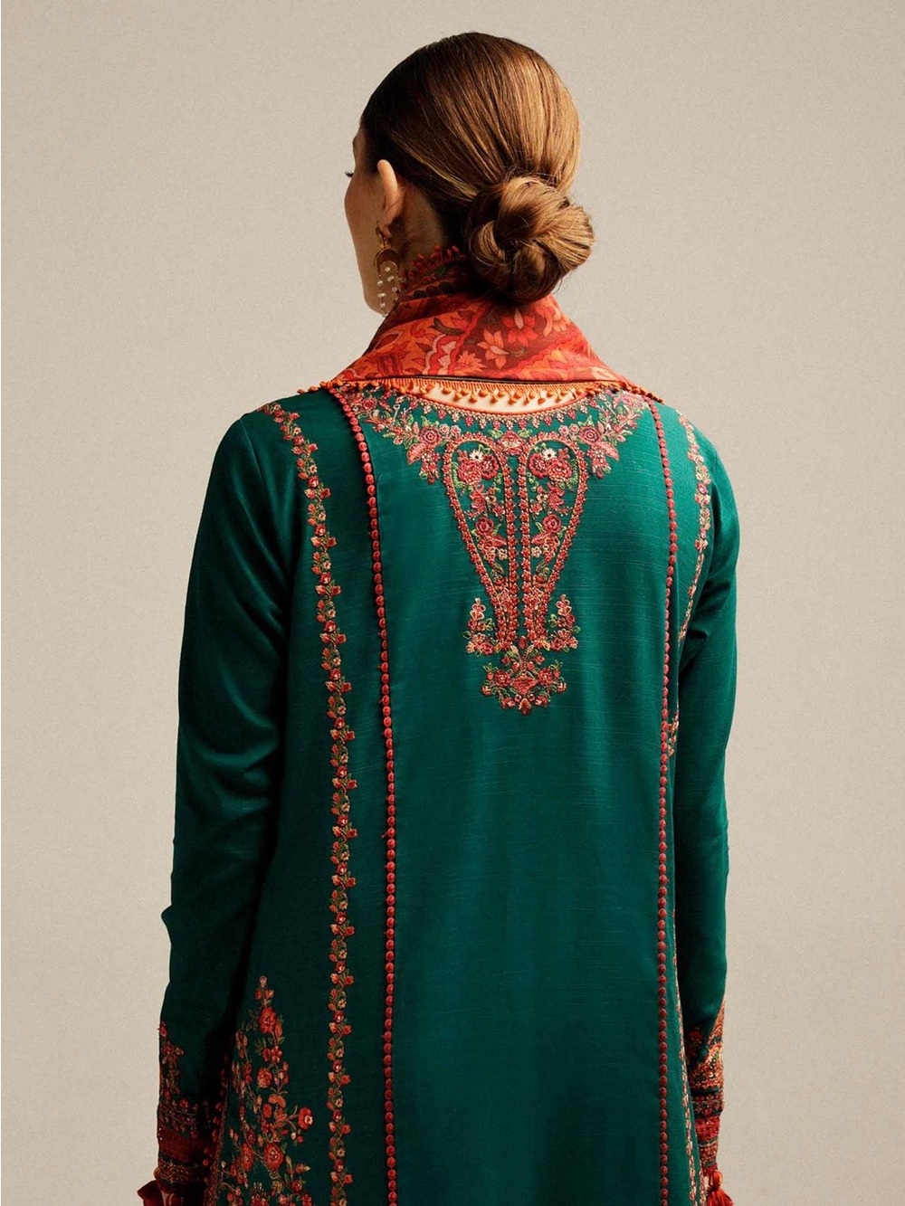 Elegant Green & Orange Embroidered Long Sleeve Dress - Picture 4 of 10